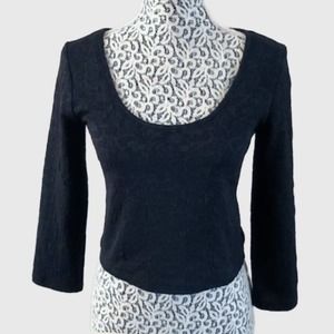 Forever 21 3/4 Sleeve Crop Top Black Paisley Embossed Pattern Fabric - Size L